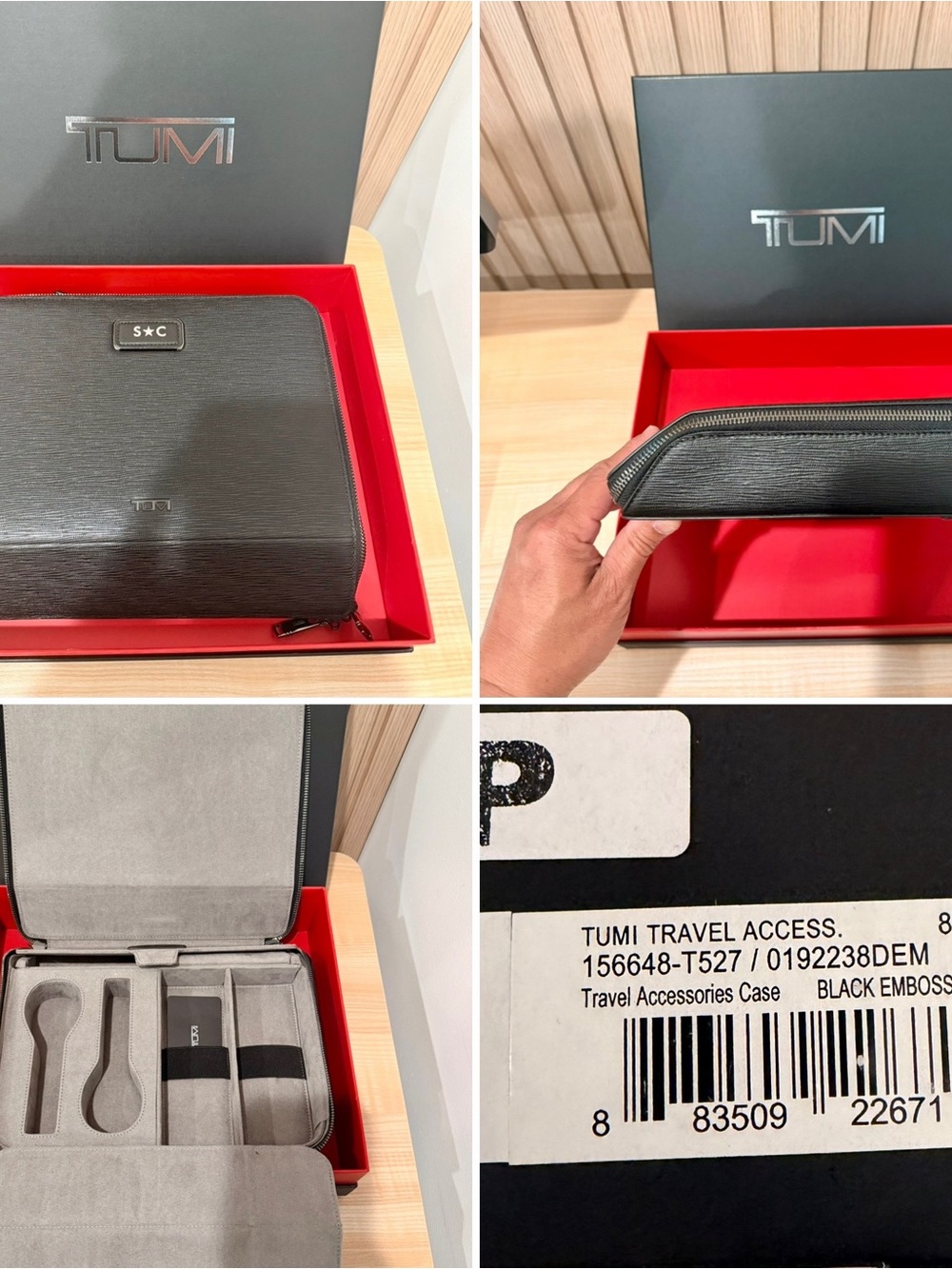 Tumi Black Embossed Leather Travel Accessories Case